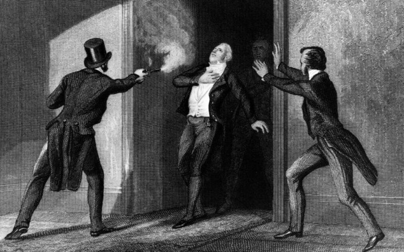 Ilustración de la época que muestra el asesinato del primer ministro